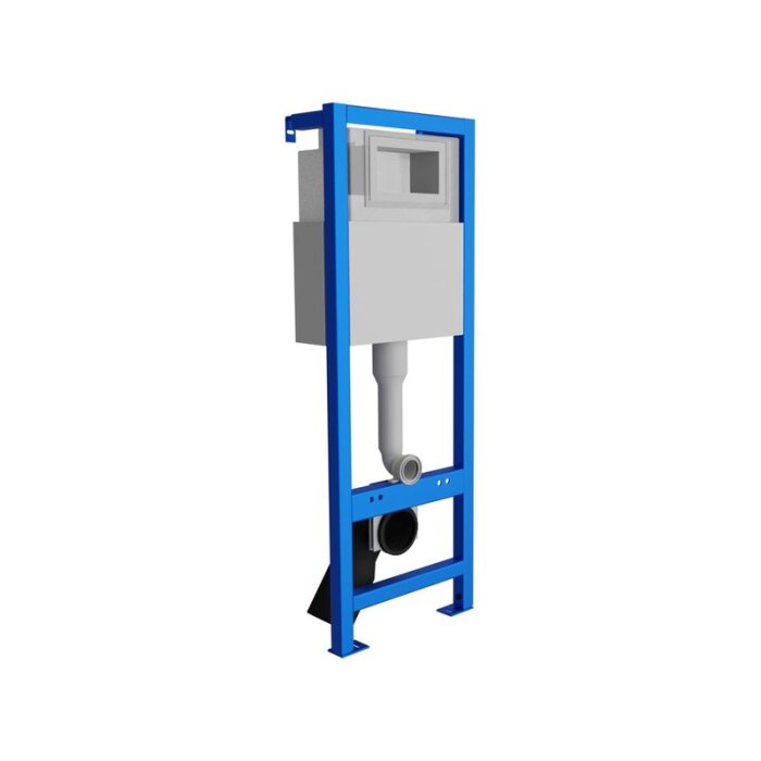 Inbyggd cistern från Lavita med blå ram för vägghängd toalett, visar monteringsstruktur och avloppsanslutning.