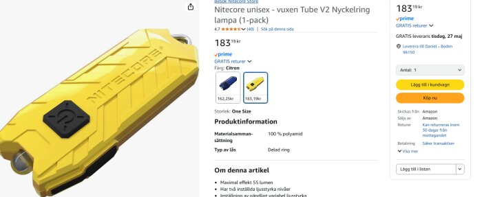 Gul Nitecore Tube V2 nyckelringslampa, 183,19 kr på Amazon.