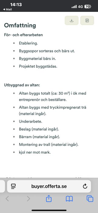 Offerlista för altanbygge med specifikationer som etablering, byggsopor, material och montering ingår.