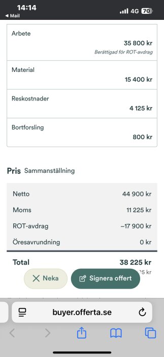 Bild av en offert för altanbygge med kostnadsspecifikation: arbete 35 800 kr, material 15 400 kr, total kostnad 38 225 kr.
