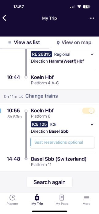 Tågplanerare-app visar resa från Köln Hbf till Basel Sbb med byte i Köln. Regionaltåg RE 26815 och ICE 105 tåg.