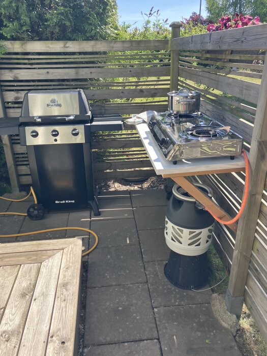 Gasolkök med provisorisk bänkskiva utomhus, en grill och en kastrull på spisen, omgiven av trästaket och grönska.