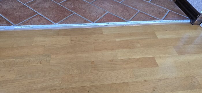 Golvnivåskillnad mellan träparkett och klinkergolv, höjdskillnaden är utan trälist 19-20 mm.