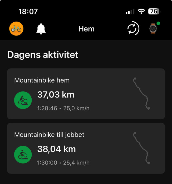 Appskärm visar två cykelrutter: "Mountainbike hem" 37,03 km på 1:28:46, och "Mountainbike till jobbet" 38,04 km på 1:30:00.