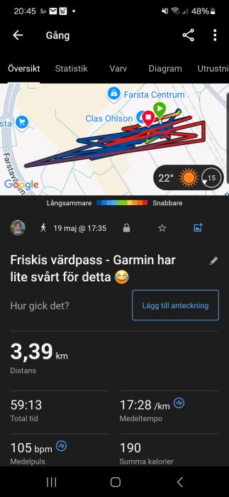 Karta visar en gångtur på 3,39 km i området kring Farsta Centrum med statistik som totaltid 59:13 och medelpuls 105 bpm.
