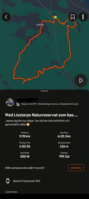 Löprunda i Lisstorps naturreservat med karta och statistik: 9,78 km distans, 6:20 min/km tempo, 126 m höjdstigning, 799 kcal förbrukade, tid 1:02:01.