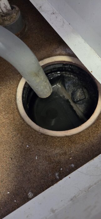 Avloppsbrunn i tvättstuga med vatten och avloppsrör, möjlig orsak till obehaglig lukt.