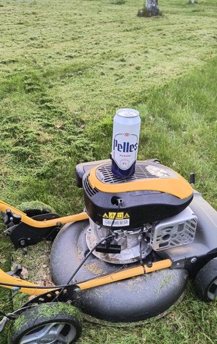 Gräsklippare med ölburk placerad ovanpå, på en nyligen klippt gräsmatta.