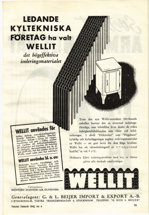 Svartvit annons för Wellit isoleringsmaterial; visar produkter och text om dess användning inom kylteknik, särskilt för kylskåp. Från teknisk tidskrift 1942.