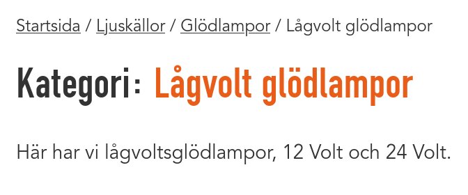 Kategori för låvolt glödlampor, 12V och 24V, på en webbsida för ljuskällor.