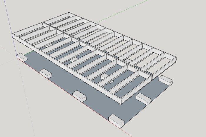 Illustration av en byggsats för attefallshus på lecablock, med en ramkonstruktion av trä ovanpå en grund av makadam och block.