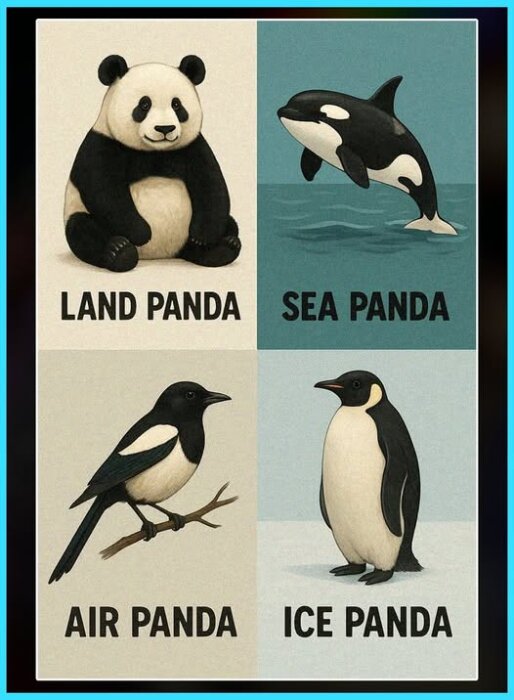 Tecknad bild uppdelad i fyra rutor med en panda på land, en späckhuggare i havet, en skata på en kvist och en pingvin på is, märkta som olika "pandas".