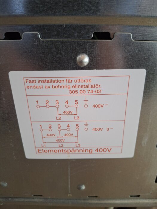Skylt med elinstallationsschema, instruktioner för fast installation endast av behörig elinstallatör, anges med spänning 400V.