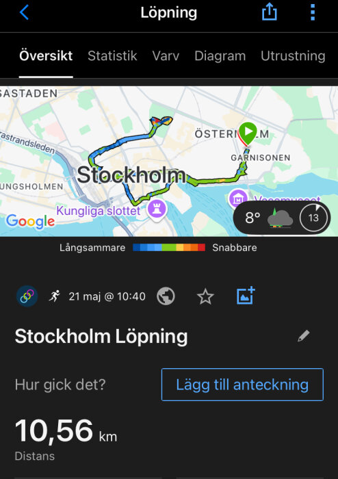 Löpningsrutt på 10,56 km i Stockholm, visas på en karta med markeringar i olika färger för hastighet. Dagens datum och väderinformation visas även.