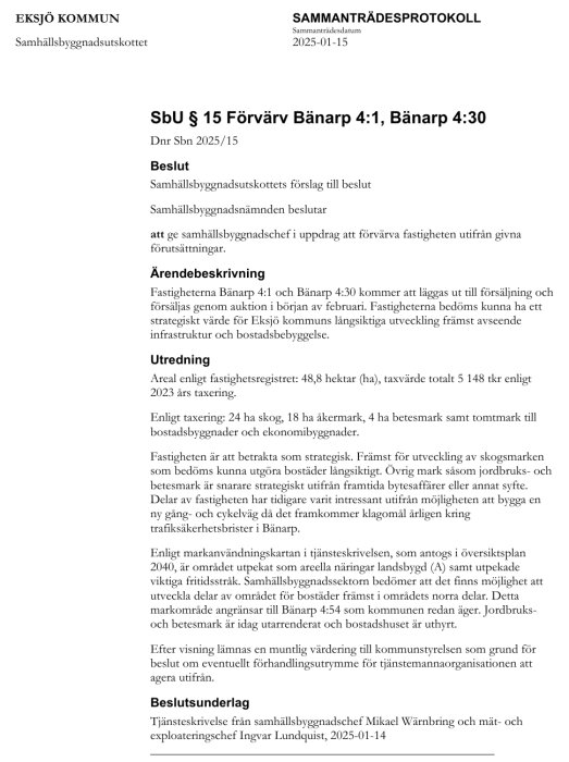 Samhällsbyggnadsutskottets protokoll från Eksjö kommun, 2025-01-15, med beslut om förvärv av fastighet Bäarp 4:1 och Bäarp 4:30.