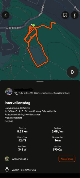Karta över löprunda i Söderköpings kommun med detaljer om intervallträning: 8,32 km, snittempo 5:08/km, kaloriförbränning 570, uppdelad i olika segment.