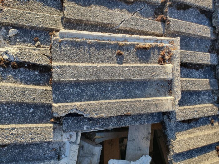 Gammal betongtakpanna i en raserad ladugård; mörk yta med flera skikt och sprickor.