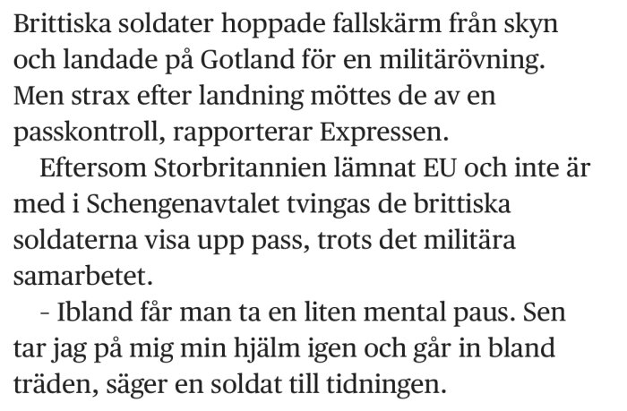 Tidningsartikel om brittiska soldater som tvingas genomgå passkontroll på Gotland efter Brexit, trots militärövning.
