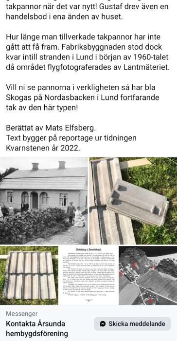 Historisk bild av hus med tegelpannor och människor framför, tillsammans med närbild på takpannor och fabriksfoto från 1960-talet i Lund.