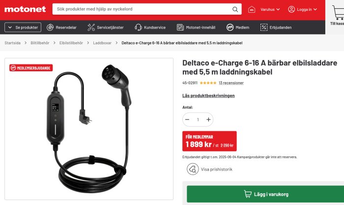 Bärbar elbilsladdare Deltaco e-Charge 6-16 A med 5,5 m kabel, visas med kontakt och kontrollenhet på en produktsida med pris och specifikationer.