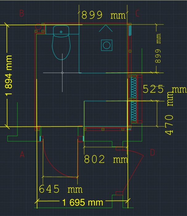 Ritning av badrum med mått, visar layout för vägghängd wc, kommod och duschhörna. Dörröppningens bredd markerad som 645 mm.
