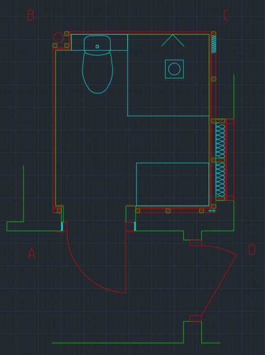 Planritning över badrum med vägghängd wc, plats för kommod och dusch, och en dörröppning. Mått och placeringar markerade.