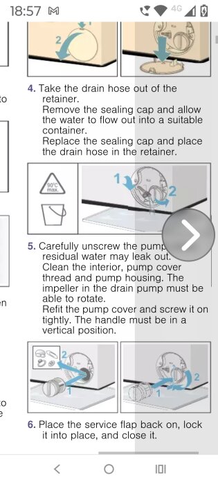 Instruktioner för att ta bort och rengöra pumpens avloppspropp på en tvättmaskin, med visuella steg och textbeskrivningar.