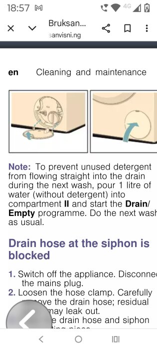 Illustration av tvättmaskinens avloppsfilter och plugg, med en instruktion om att vrida och avlägsna pluggen för rengöring och underhåll.