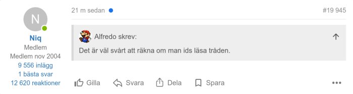 En skärmdump av ett foruminlägg från användaren "Niq" med ett citat av "Alfredo" som involverar en diskussion om att läsa tråden.
