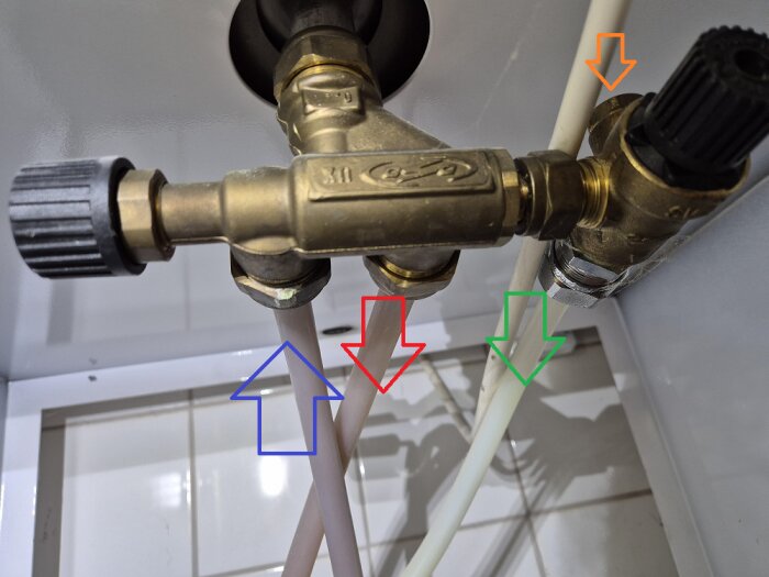 Välisolerade kopparrör med färgkodade pilar för kallvatten (blå), varmvatten (röd), spillvatten (grön) och luftningsskruv (orange) för varmvattenberedare.