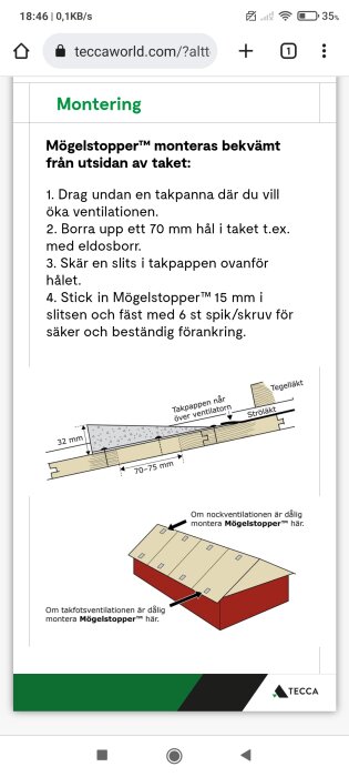 Illustration visar montering av Mögelstopper™ under takpannor för förbättrad ventilation, inkluderas instruktioner och tekniska mått.