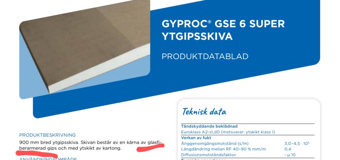 Produktdatablad för Gyproc GSE 6 Super ytgypsskiva med tekniska specifikationer och produktbeskrivning.