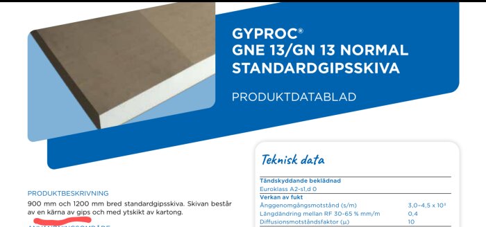 Produktdatablad för Gyproc GN 13 standardgipsskiva, visar skivans bild och tekniska specifikationer.
