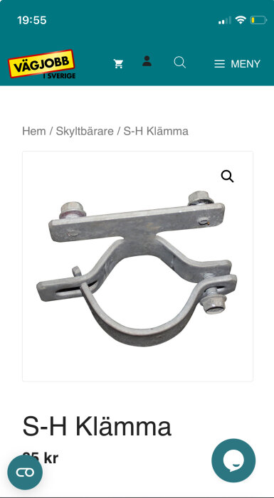 S-H klämma av metall avsedd för montering av vägskyltar, med skruvar för fäste.