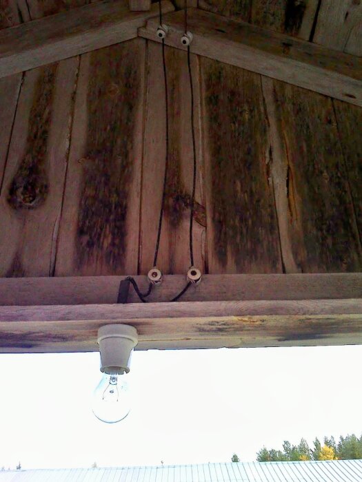 Glödlampa med inbyggd halogenlampa hänger i ett gammalt Norbottenshemman, synliga träbjälkar och 230 V elkablar.