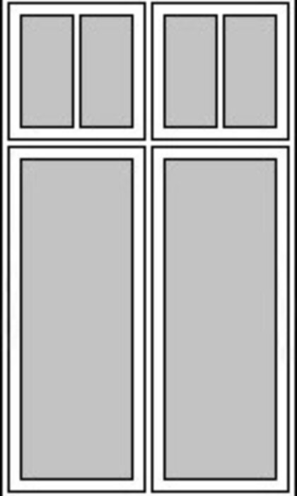 Rektangulärt fönster med fyra sektioner, två små överst och två stora nedtill.