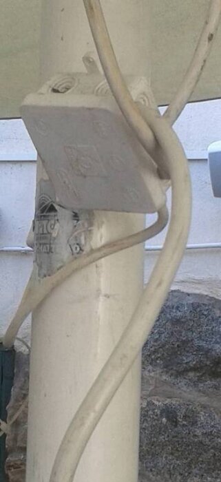 Kabelinstallation på parasollstolpe vid restaurangens uteservering, med fästen och sladdar som är fastgjorda och organiserade.