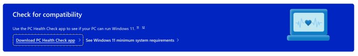 PC Health Check-app för att kontrollera Windows 11-kompatibilitet, inklusive en blå ikon av en dator med en hjärtslagssymbol på skärmen.