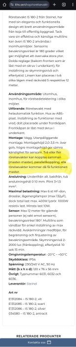 Steinel rörelsevakt IS 180-2 produktbeskrivning med detaljer om användningsområden, montering, teknisk data och art.nr.