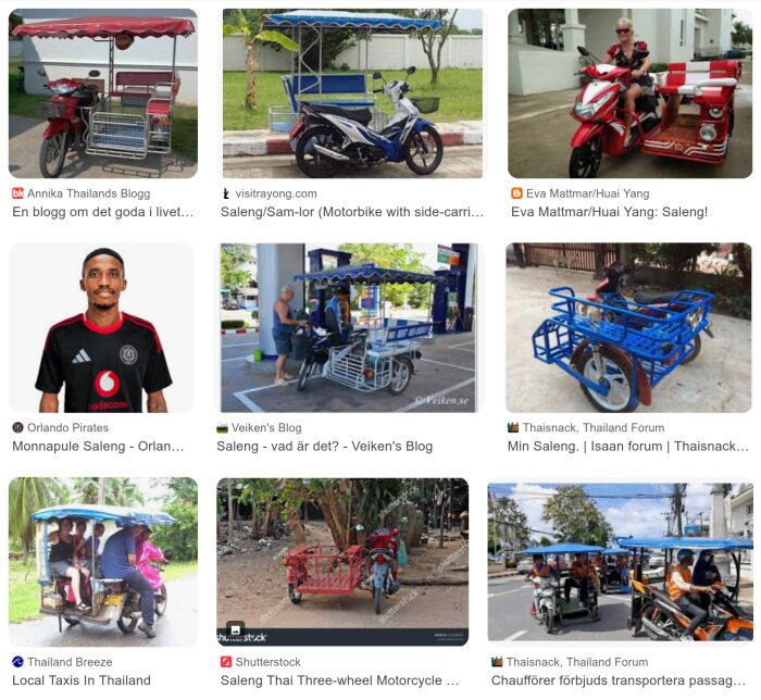 En saleng, en thailändsk trehjulig motorcykel med sidovagn och tak, parkeras på en gata.