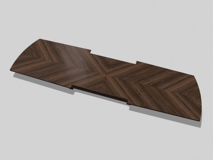 Soffbordsskiva i valnöt med mönster av fyra delar i 45° vinkel.