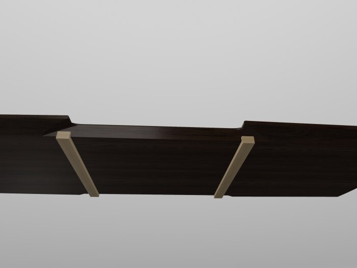 Soffbordsskiva av mörkt trä med ljusa pinnar på undersidan; delarna är snedställda för mönster och stabilitet.