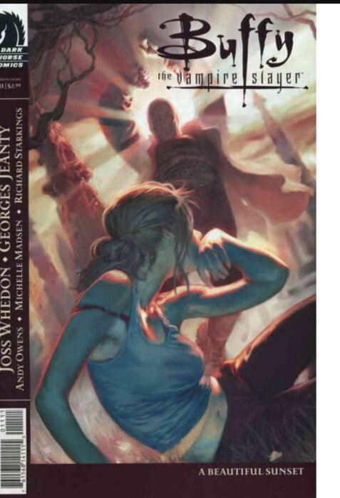 Omslagsbilden av Buffy the Vampire Slayer med en kvinna i fokus och en skugga i bakgrunden under en dramatisk himmel.