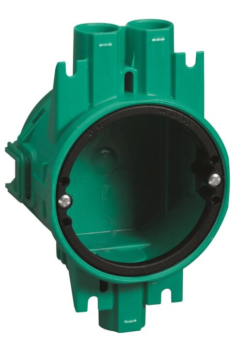 Grön rund elinstallationsdosa från Schneider Electric, med flera kabelingångar på ovansidan.