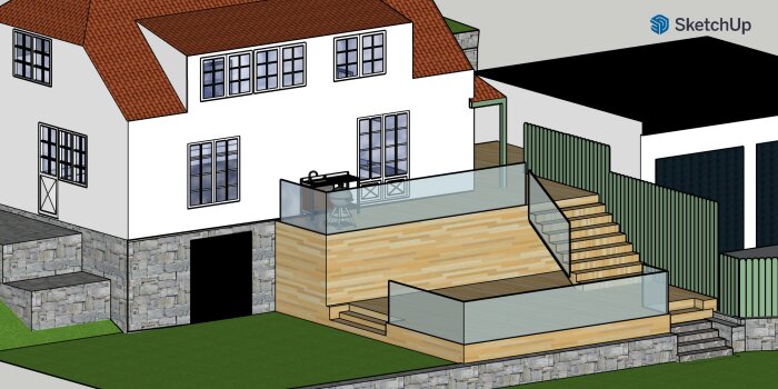 3D-modell av ett hus med altan i två nivåer, glasräcken och trätrappa, omgiven av grönska och stenmur.