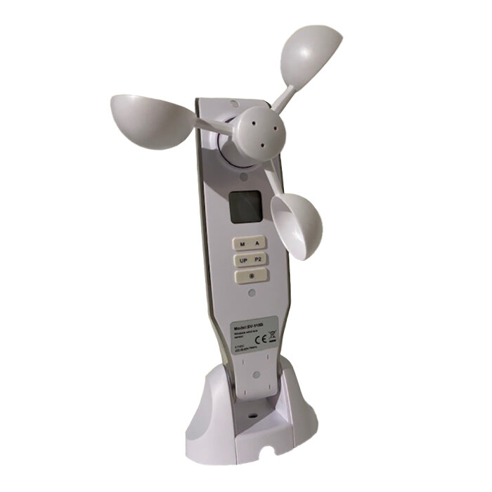 Trådlös sol- och vindsensor med knappar, skärm och rotationsblad på en vit bakgrund.