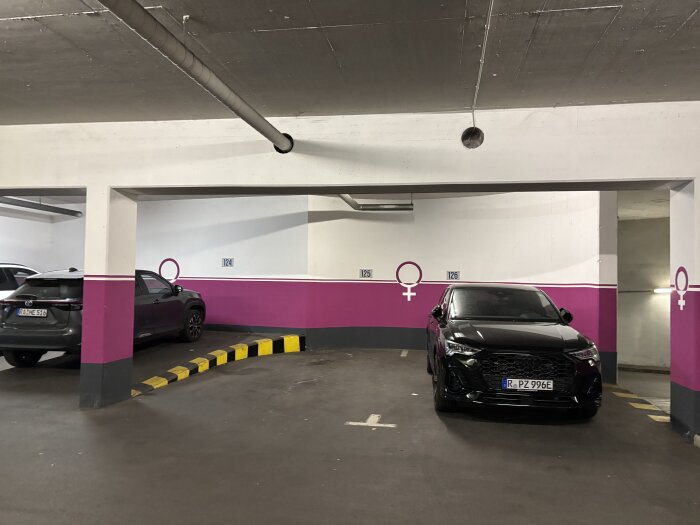 Parkeringsgarage i Nürtingen med vita och rosa väggar, bild på två bilar parkerade mellan pelare med kvinnosymbol.
