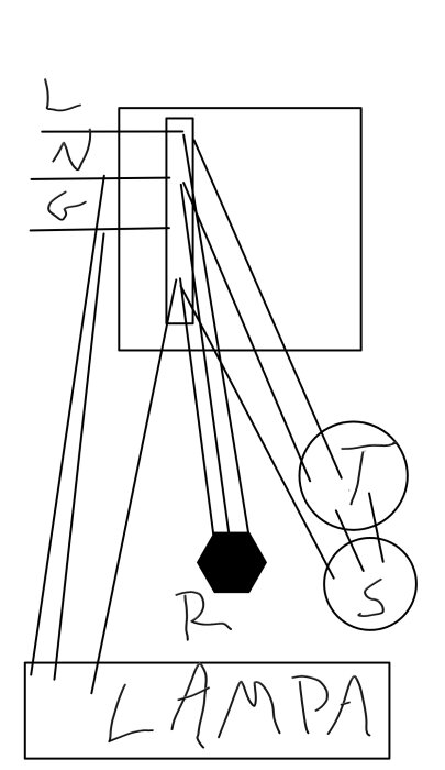 Schematisk ritning för parallellkoppling av en lampa med timer, skymningsrelä, rörelsesensor, fas, nolla och jordnätsanslutning.