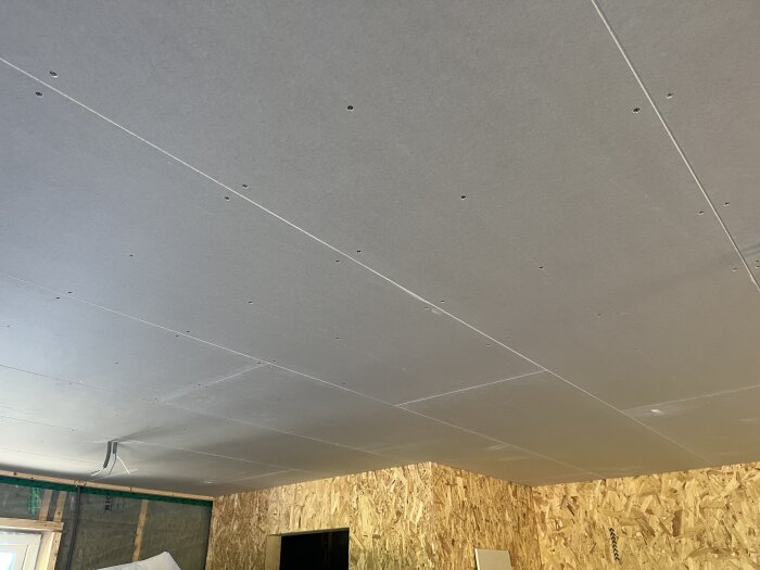 Gipsade takytor i byggprojekt med OSB-skivor på väggarna, sett från inomhusmiljö.
