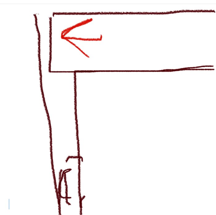 Ritning av handfat och skåp med röd pil som pekar mot ojämn inskjutning.